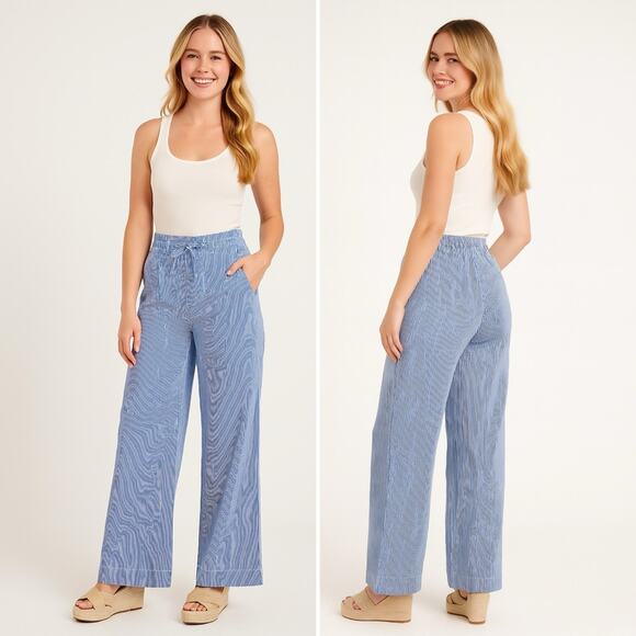 THAKOON Striped Straight Leg Trouser Blue White Drawstring High Waist Size 8 NEW - Picture 1 of 12